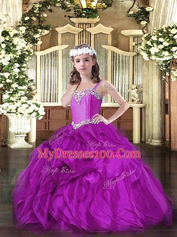 Organza Sleeveless Floor Length Pageant Dress for Girls and Beading and Ruffles