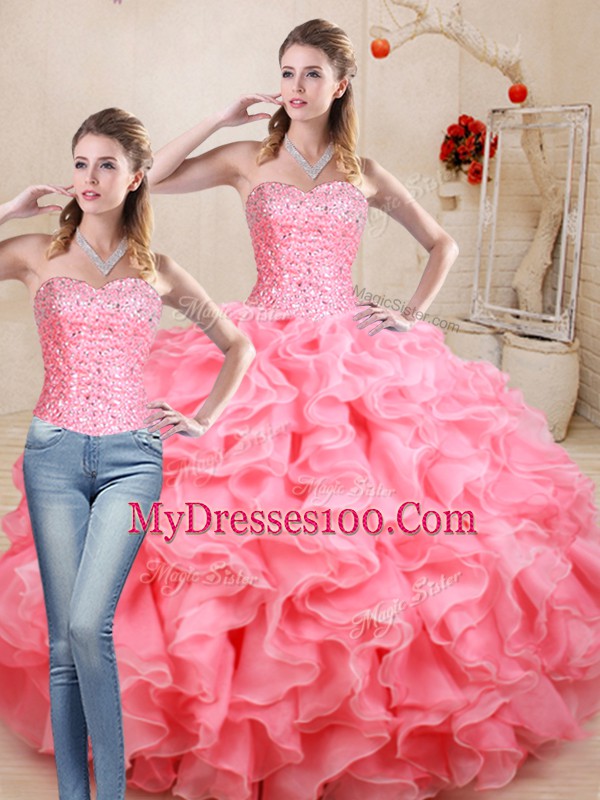 Floor Length Ball Gowns Sleeveless Watermelon Red Quince Ball Gowns Lace Up