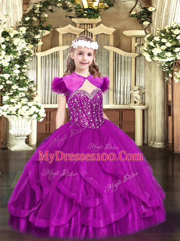 Enchanting Fuchsia Sleeveless Floor Length Beading and Ruffles Lace Up Little Girls Pageant Dress Wholesale