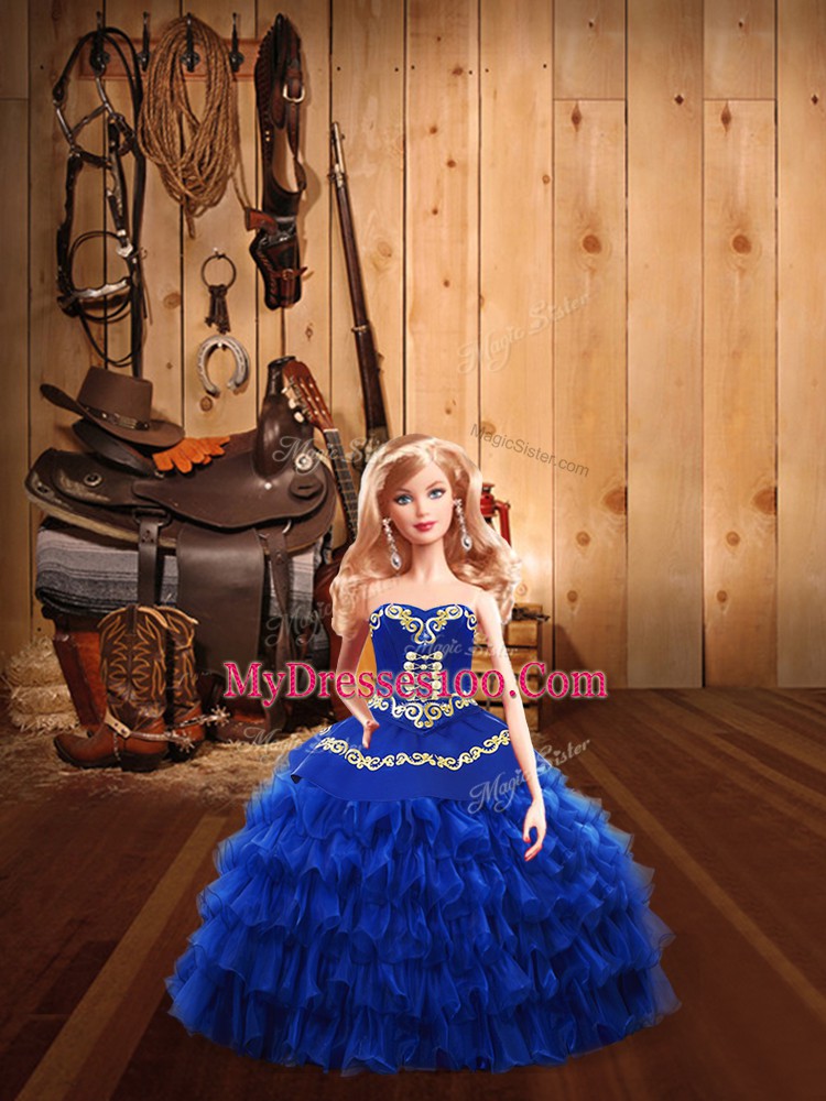 Blue Sweetheart Neckline Embroidery and Ruffled Layers Sweet 16 Quinceanera Dress Sleeveless Lace Up