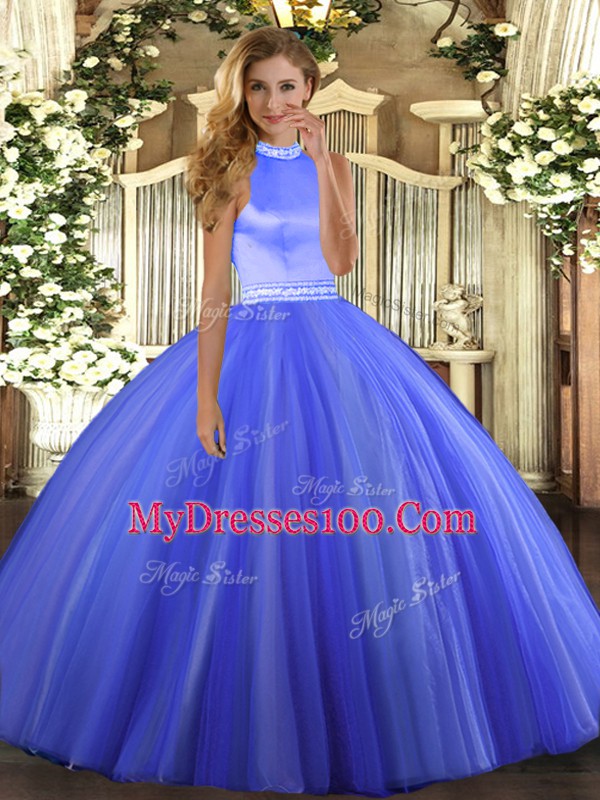 Blue Sleeveless Beading Floor Length 15th Birthday Dress