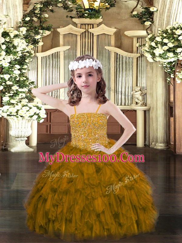 Trendy Brown Organza Lace Up Pageant Dress Womens Sleeveless Floor Length Beading and Ruffles