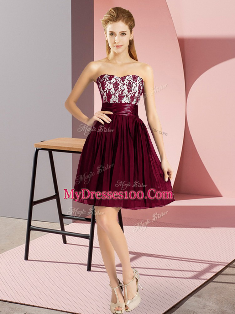 Burgundy Chiffon Zipper Sweetheart Sleeveless Mini Length Prom Party Dress Lace