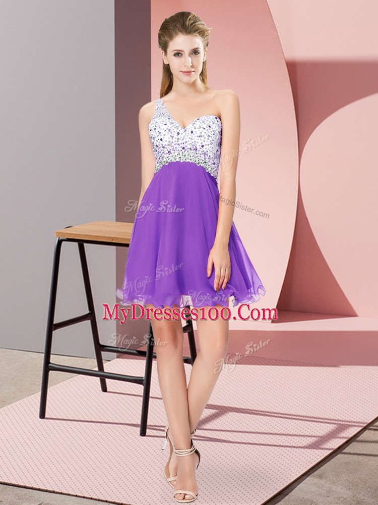 Eggplant Purple Homecoming Dress Prom and Party with Beading One Shoulder Sleeveless Criss Cross