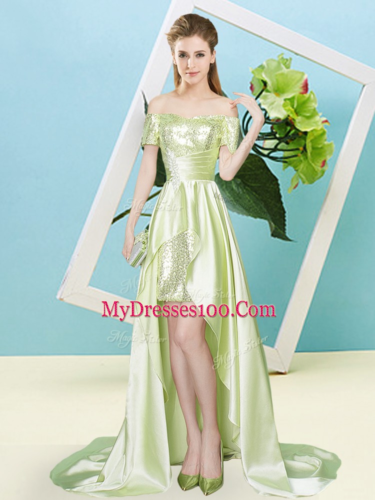 Yellow Green Lace Up Evening Dress Sequins Short Sleeves High Low