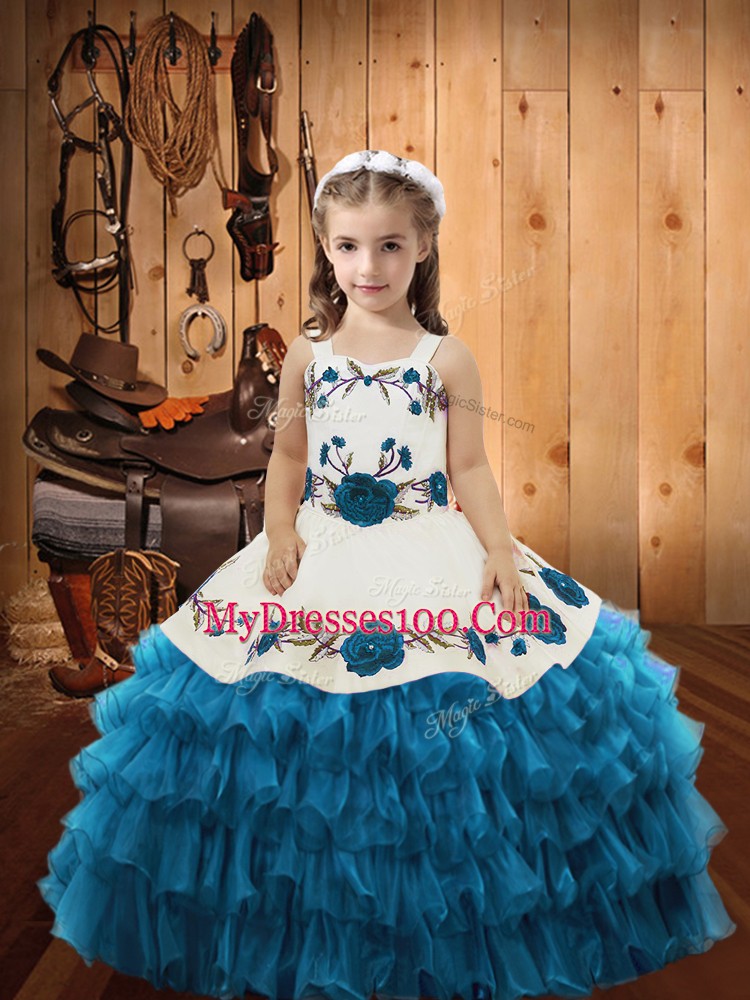 Sleeveless Lace Up Floor Length Embroidery and Ruffled Layers Glitz Pageant Dress