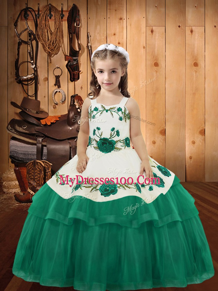Sleeveless Organza Floor Length Lace Up Little Girl Pageant Dress in Turquoise with Embroidery and Ruffled Layers