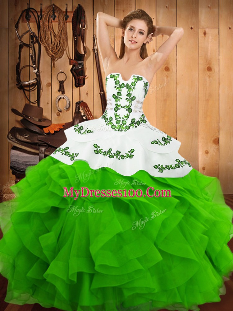 Customized Green Sleeveless Floor Length Embroidery and Ruffles Lace Up Quinceanera Gowns