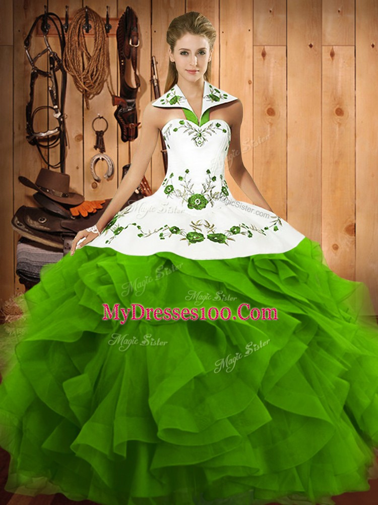Floor Length Quinceanera Gown Tulle Sleeveless Embroidery and Ruffles