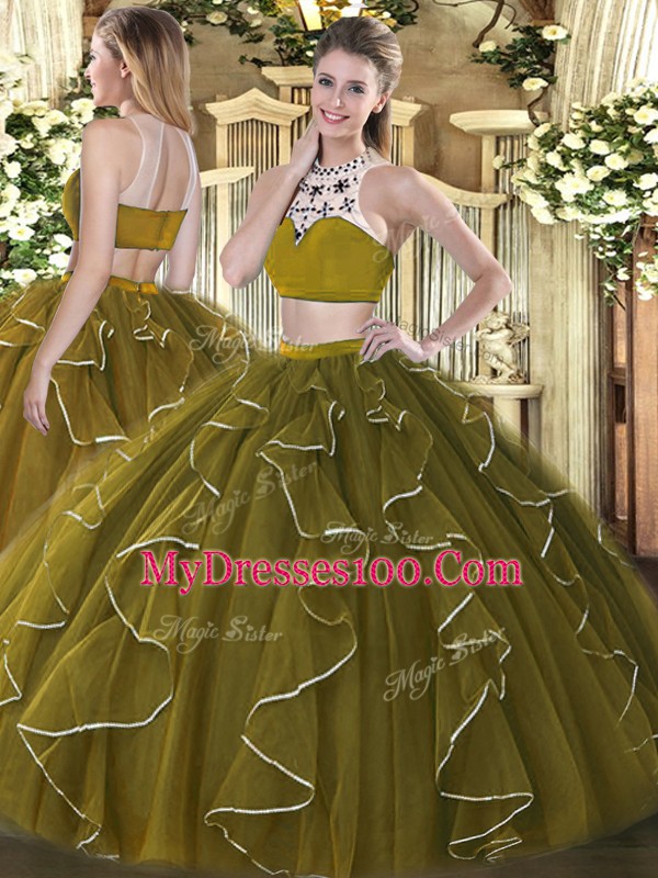 Sumptuous Floor Length Backless 15th Birthday Dress Olive Green for Military Ball and Sweet 16 and Quinceanera with Beading and Ruffles