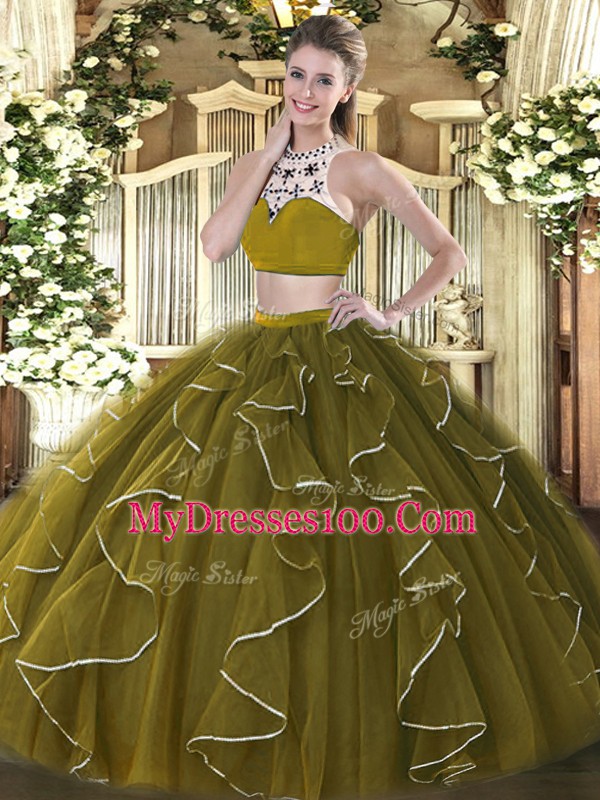 Sumptuous Floor Length Backless 15th Birthday Dress Olive Green for Military Ball and Sweet 16 and Quinceanera with Beading and Ruffles