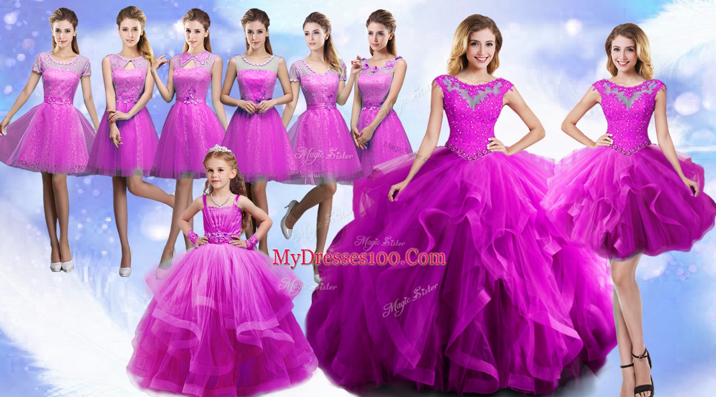 Extravagant Fuchsia Lace Up Scoop Beading and Ruffles Quinceanera Dresses Organza Sleeveless