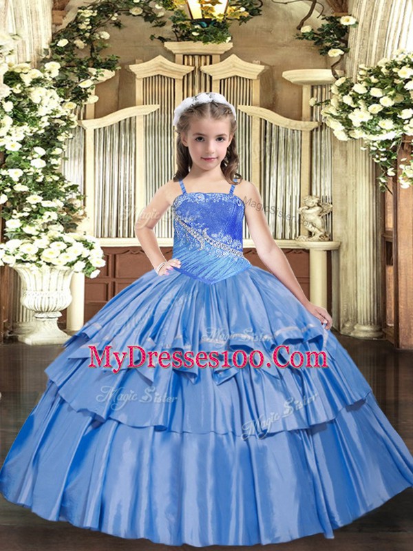 Perfect Baby Blue Straps Neckline Beading and Ruffled Layers Little Girls Pageant Gowns Sleeveless Lace Up