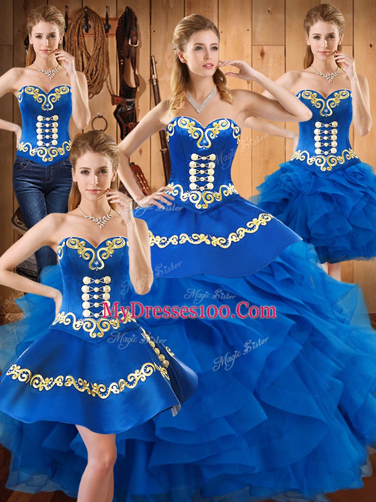 Colorful Sleeveless Floor Length Embroidery and Ruffles Lace Up Quinceanera Gown with Blue