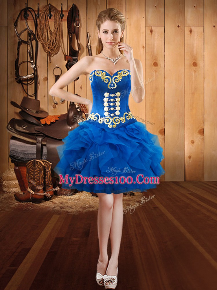 Colorful Sleeveless Floor Length Embroidery and Ruffles Lace Up Quinceanera Gown with Blue