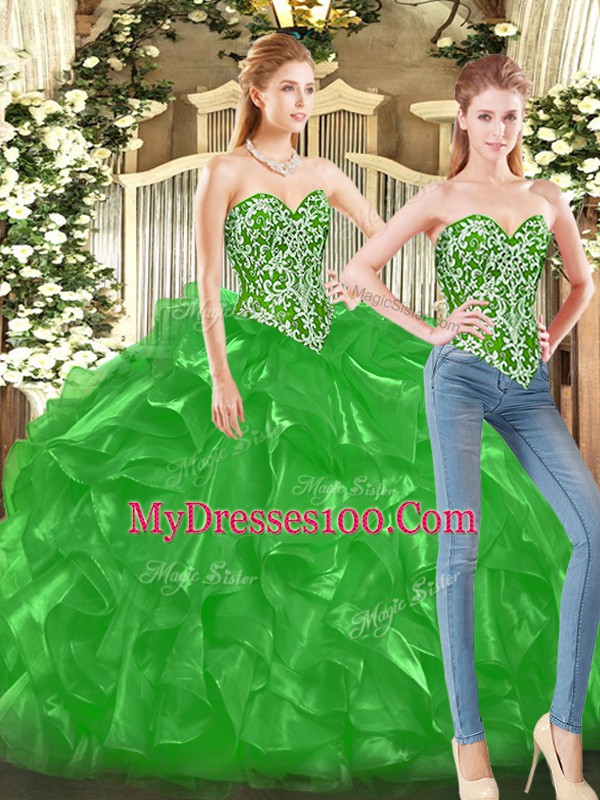 Modern Green Ball Gowns Tulle Sweetheart Sleeveless Beading and Ruffles Floor Length Lace Up Quinceanera Dress