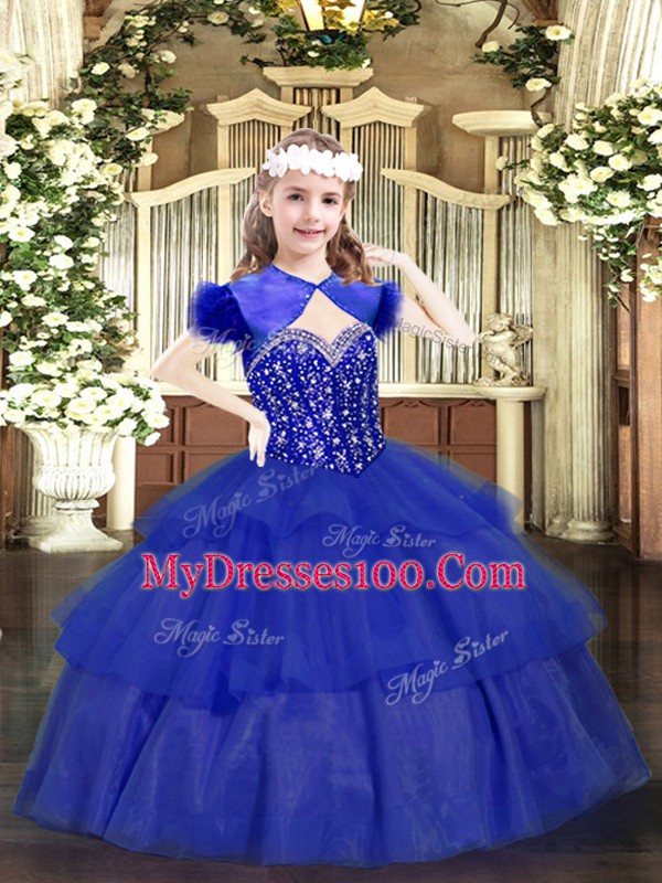 Classical Royal Blue Ball Gowns Straps Sleeveless Organza Floor Length Lace Up Beading and Ruffled Layers Little Girls Pageant Dress
