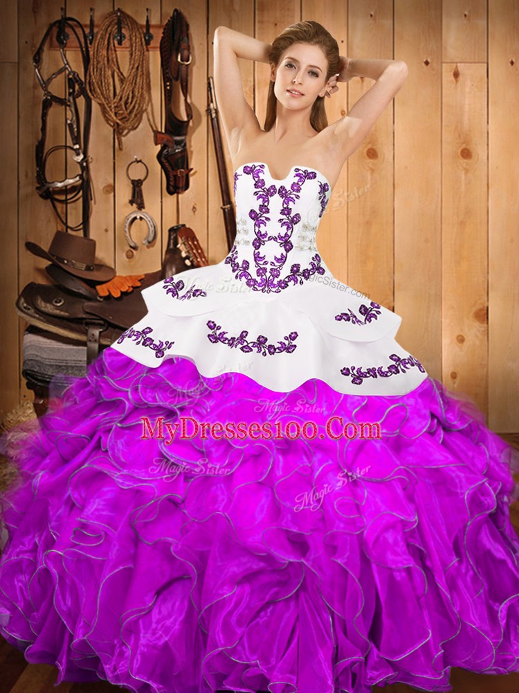 Floor Length Purple 15th Birthday Dress Satin and Organza Sleeveless Embroidery and Ruffles