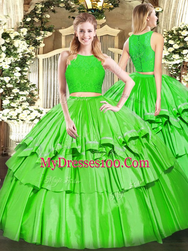 Tulle Scoop Sleeveless Zipper Ruffled Layers Quinceanera Dress in Green