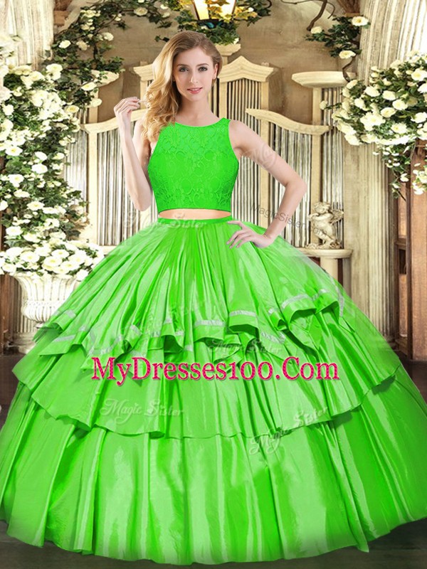 Tulle Scoop Sleeveless Zipper Ruffled Layers Quinceanera Dress in Green