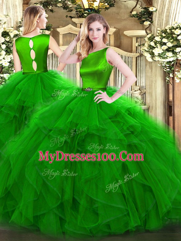Exquisite Scoop Sleeveless Clasp Handle Sweet 16 Dresses Green Organza