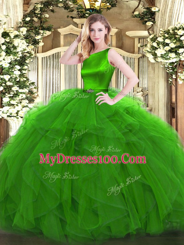 Exquisite Scoop Sleeveless Clasp Handle Sweet 16 Dresses Green Organza