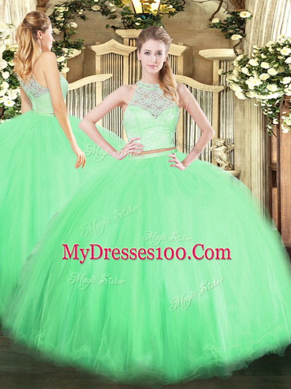 Glittering Floor Length 15th Birthday Dress Tulle Sleeveless Lace