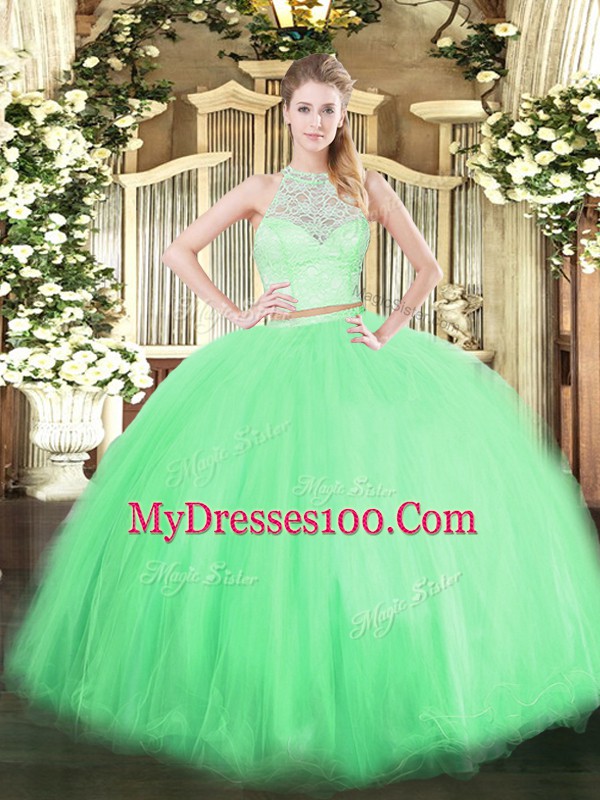 Glittering Floor Length 15th Birthday Dress Tulle Sleeveless Lace