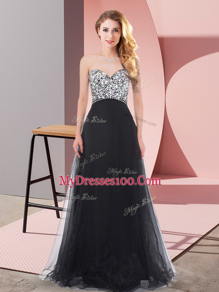 Sleeveless Tulle Floor Length Lace Up Quinceanera Dama Dress in Black with Beading