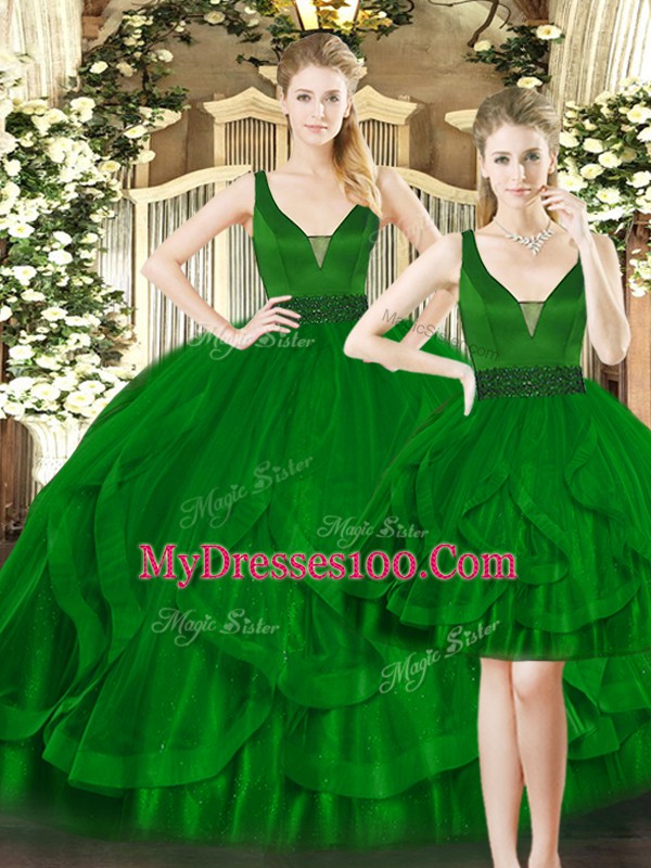 Luxury Straps Sleeveless 15 Quinceanera Dress Floor Length Beading and Ruffles Dark Green Tulle