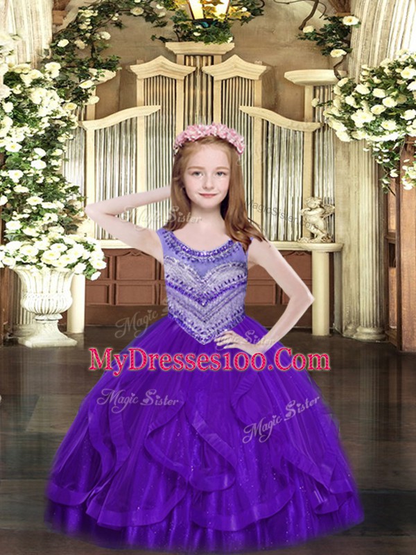 Excellent Floor Length Purple Pageant Gowns For Girls Scoop Sleeveless Lace Up