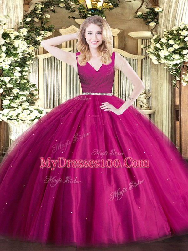 Superior Fuchsia Tulle Zipper Quinceanera Gown Sleeveless Floor Length Beading