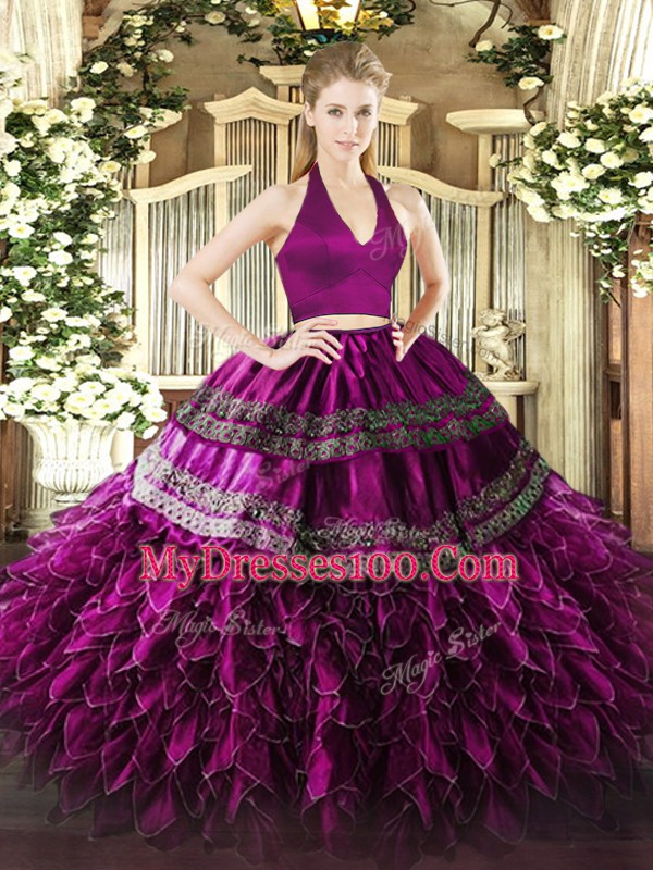 Superior Halter Top Sleeveless Organza Quinceanera Dress Appliques and Ruffles Zipper