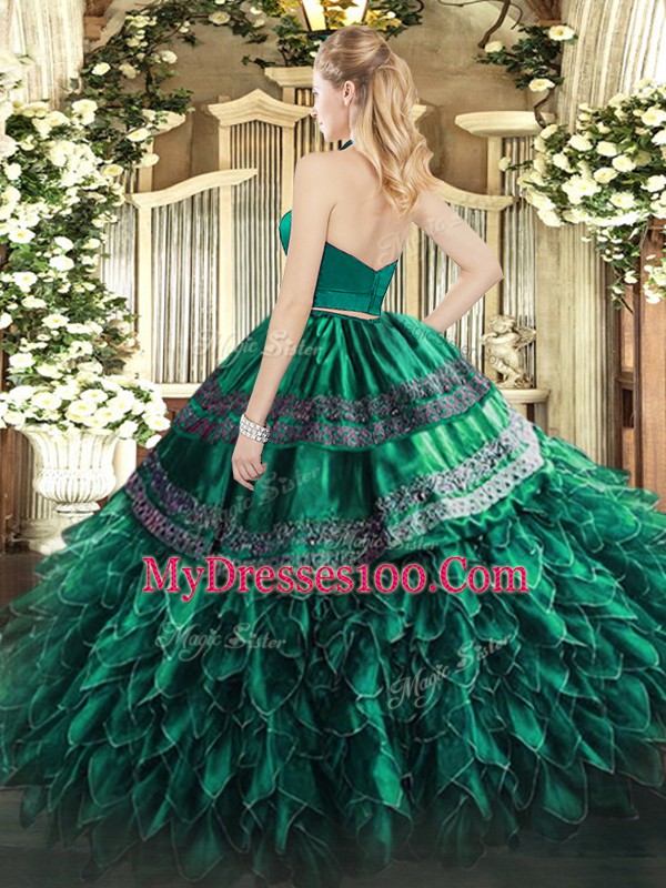 Superior Halter Top Sleeveless Organza Quinceanera Dress Appliques and Ruffles Zipper