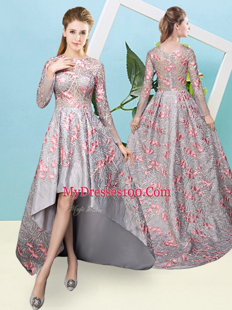 New Style Grey Long Sleeves High Low Lace Zipper Quinceanera Court of Honor Dress