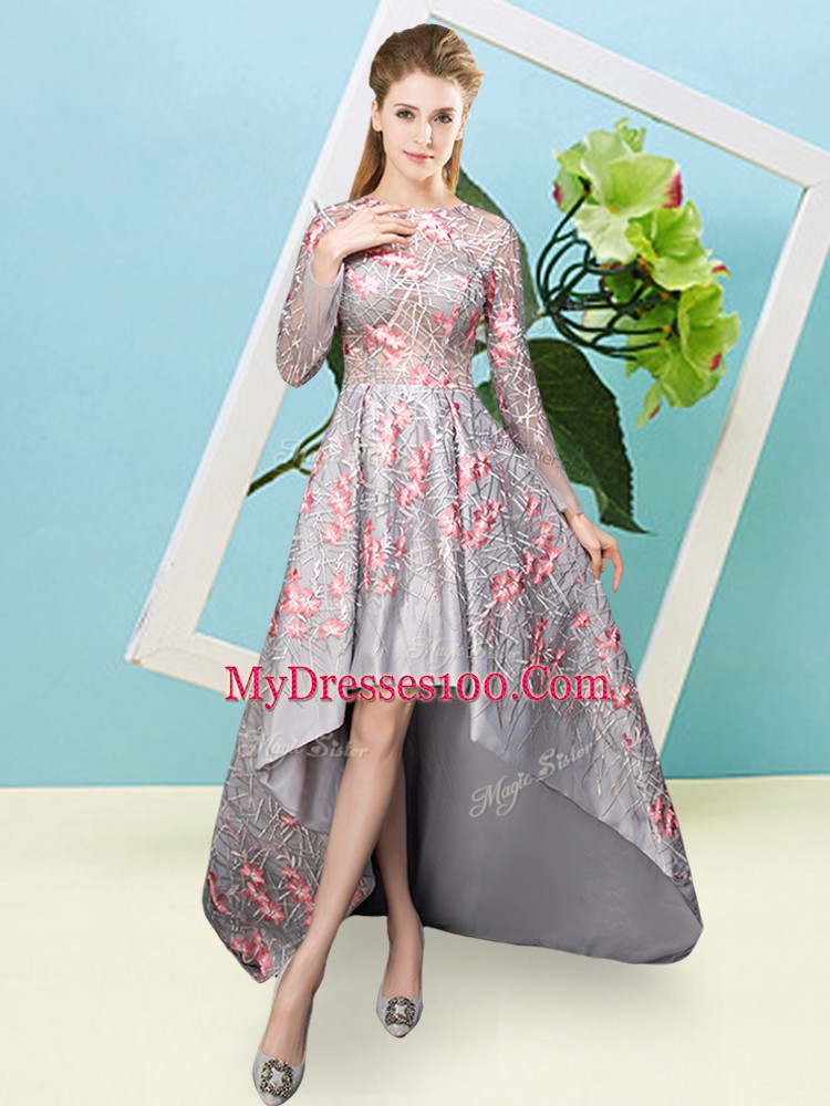 New Style Grey Long Sleeves High Low Lace Zipper Quinceanera Court of Honor Dress
