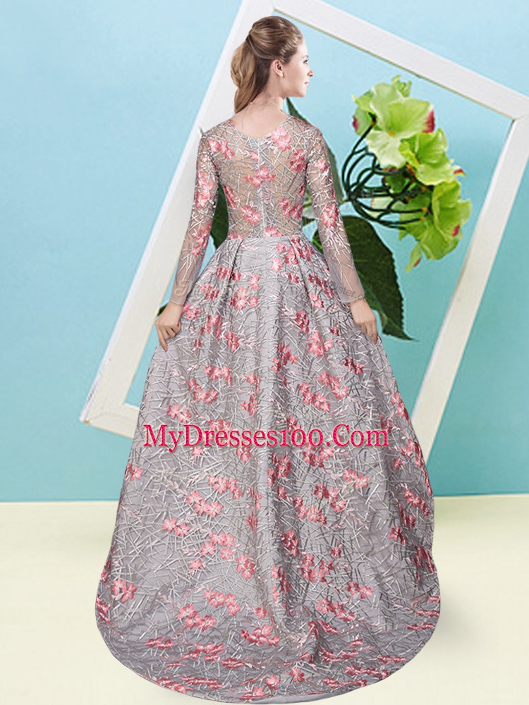 New Style Grey Long Sleeves High Low Lace Zipper Quinceanera Court of Honor Dress