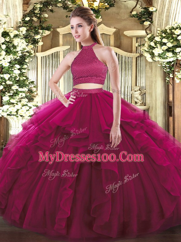 Fuchsia Two Pieces Beading and Ruffles Ball Gown Prom Dress Backless Tulle Sleeveless Floor Length