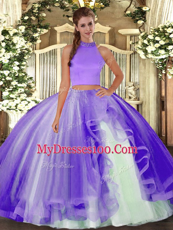 Extravagant Lavender Two Pieces Tulle Halter Top Sleeveless Beading and Ruffles Floor Length Backless Sweet 16 Dresses