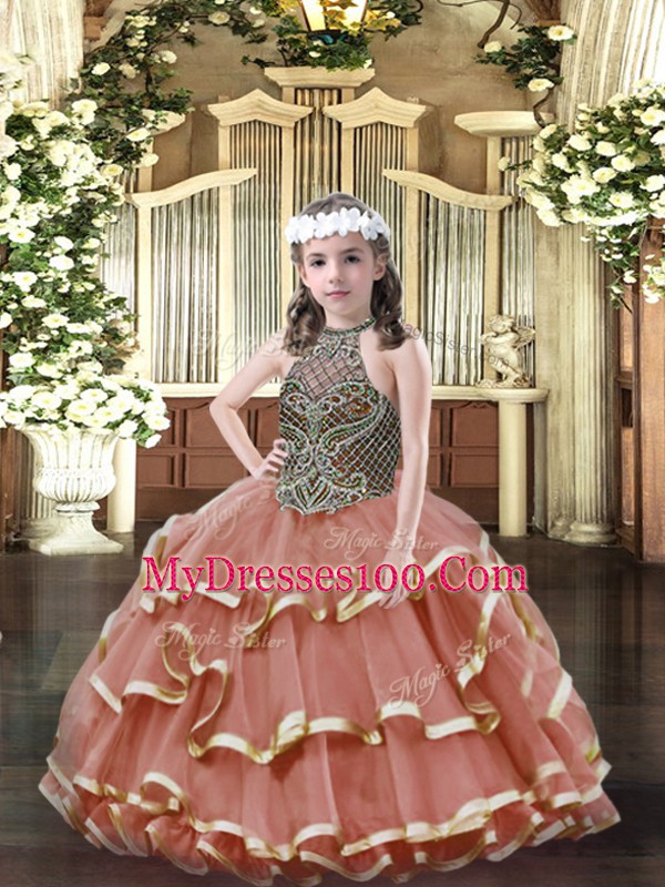 Rust Red Halter Top Lace Up Beading and Ruffled Layers Little Girls Pageant Gowns Sleeveless
