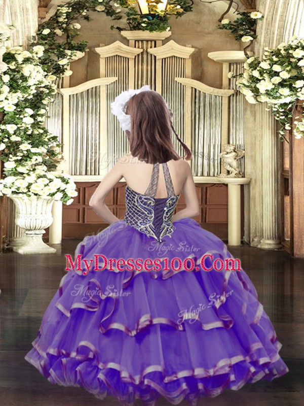 Rust Red Halter Top Lace Up Beading and Ruffled Layers Little Girls Pageant Gowns Sleeveless