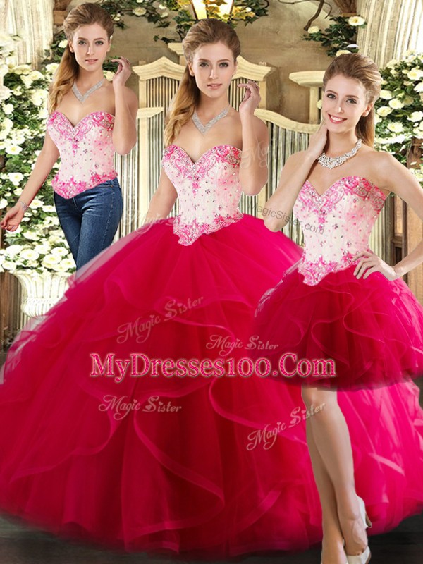 Fancy Hot Pink Sleeveless Organza Lace Up Vestidos de Quinceanera for Military Ball and Sweet 16 and Quinceanera