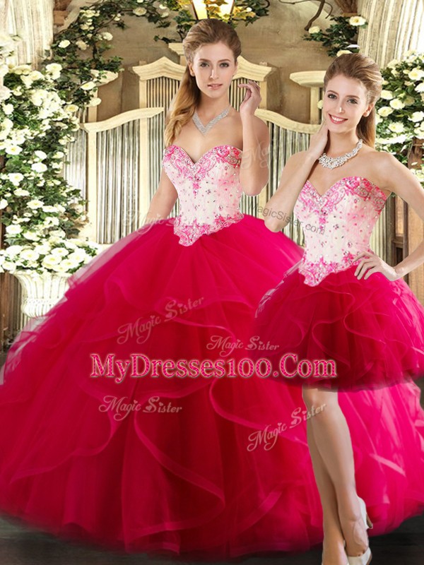 Fancy Hot Pink Sleeveless Organza Lace Up Vestidos de Quinceanera for Military Ball and Sweet 16 and Quinceanera