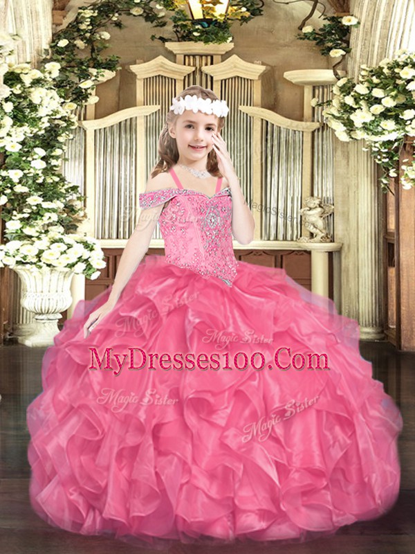 Dazzling Hot Pink Organza Lace Up Little Girl Pageant Gowns Sleeveless Floor Length Beading and Ruffles