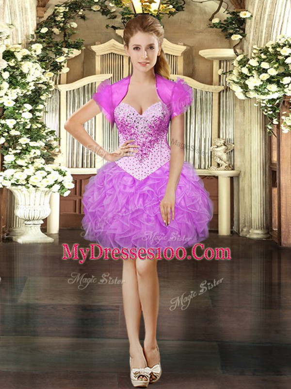 Modern Lilac Lace Up Womens Party Dresses Beading and Ruffles Sleeveless Mini Length
