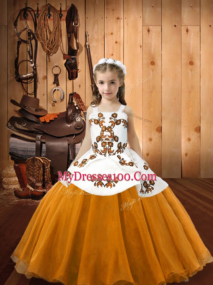 Orange Ball Gowns Embroidery Pageant Dress for Teens Lace Up Organza Sleeveless Floor Length