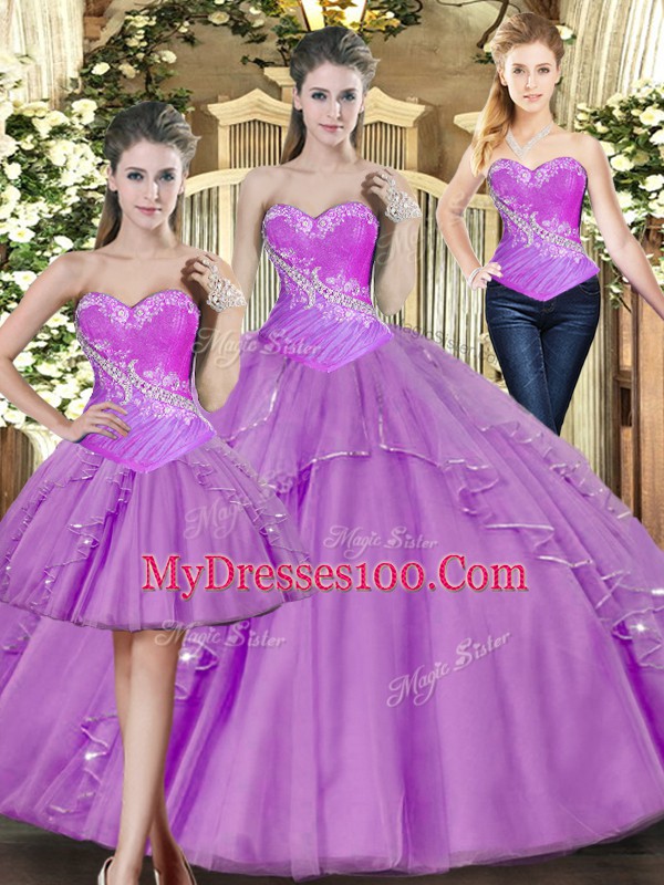 Elegant Lilac Ball Gowns Sweetheart Sleeveless Tulle Floor Length Lace Up Beading Quinceanera Gowns