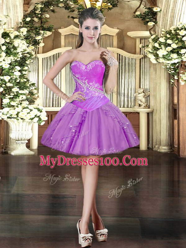 Elegant Lilac Ball Gowns Sweetheart Sleeveless Tulle Floor Length Lace Up Beading Quinceanera Gowns