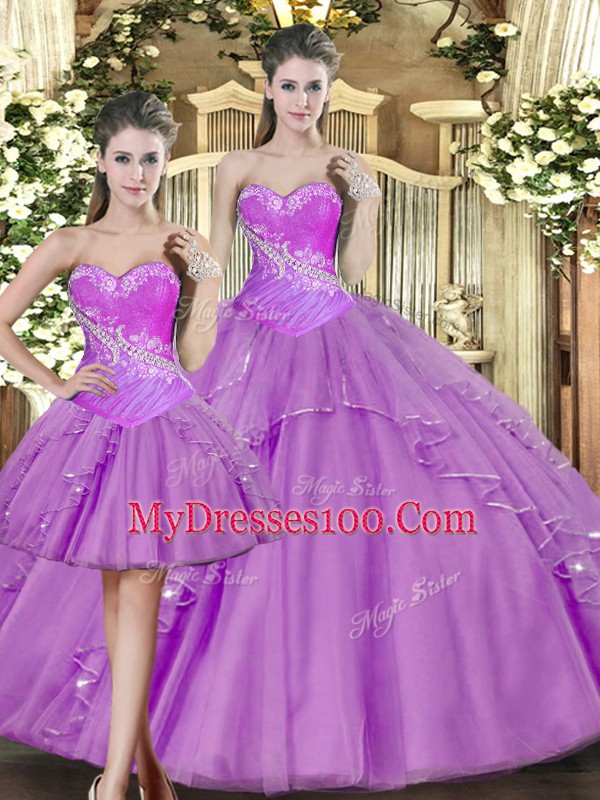 Elegant Lilac Ball Gowns Sweetheart Sleeveless Tulle Floor Length Lace Up Beading Quinceanera Gowns