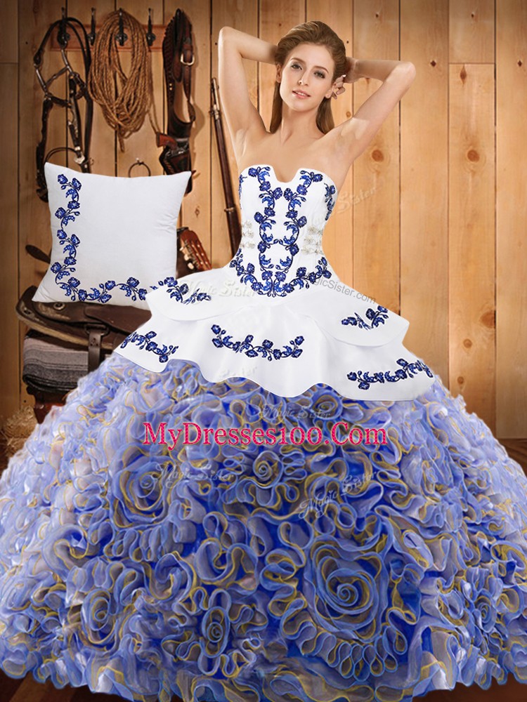 Multi-color Satin and Fabric With Rolling Flowers Lace Up Strapless Sleeveless With Train 15th Birthday Dress Sweep Train Embroidery